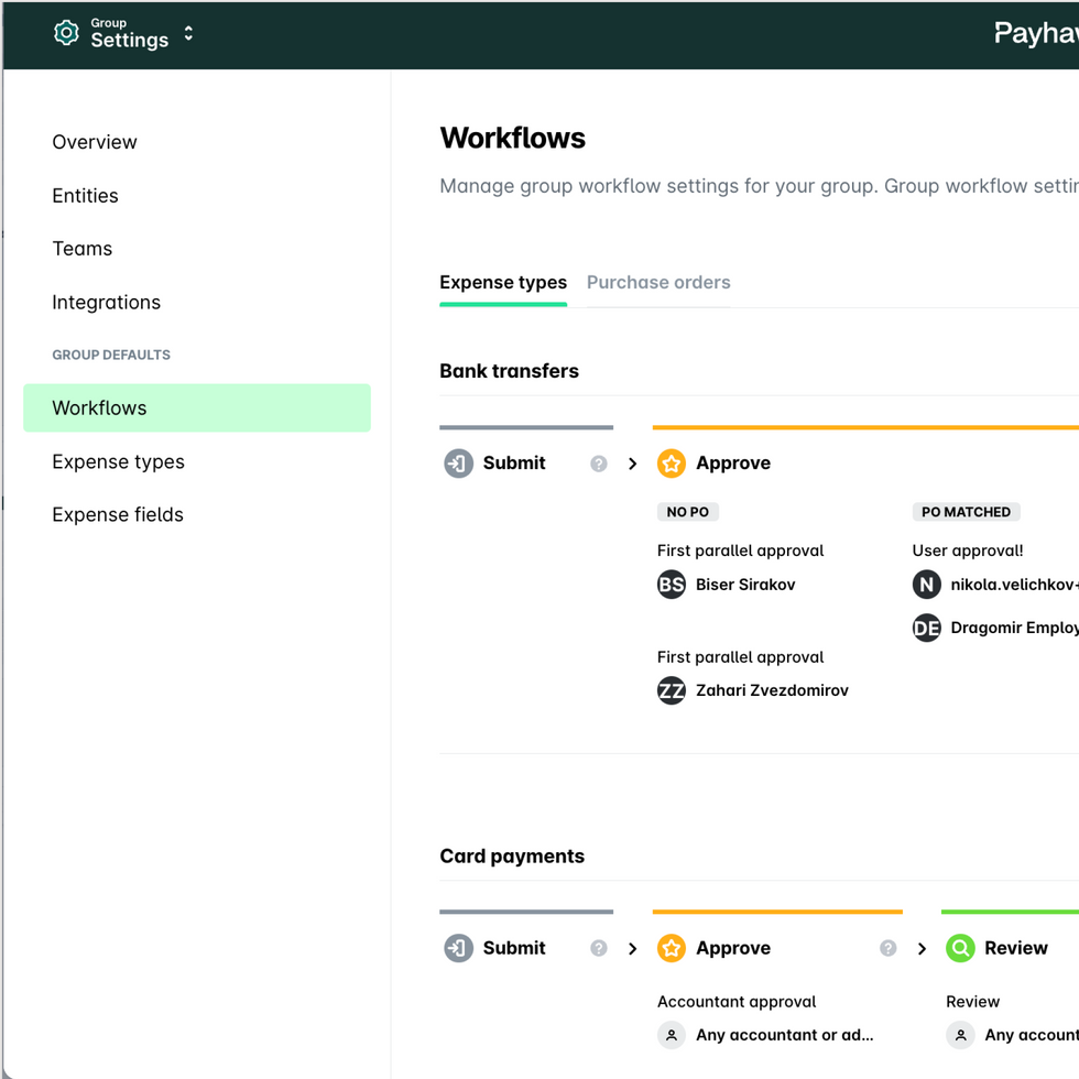 Screenshot of Payhawk product user interface showing workflow customisation